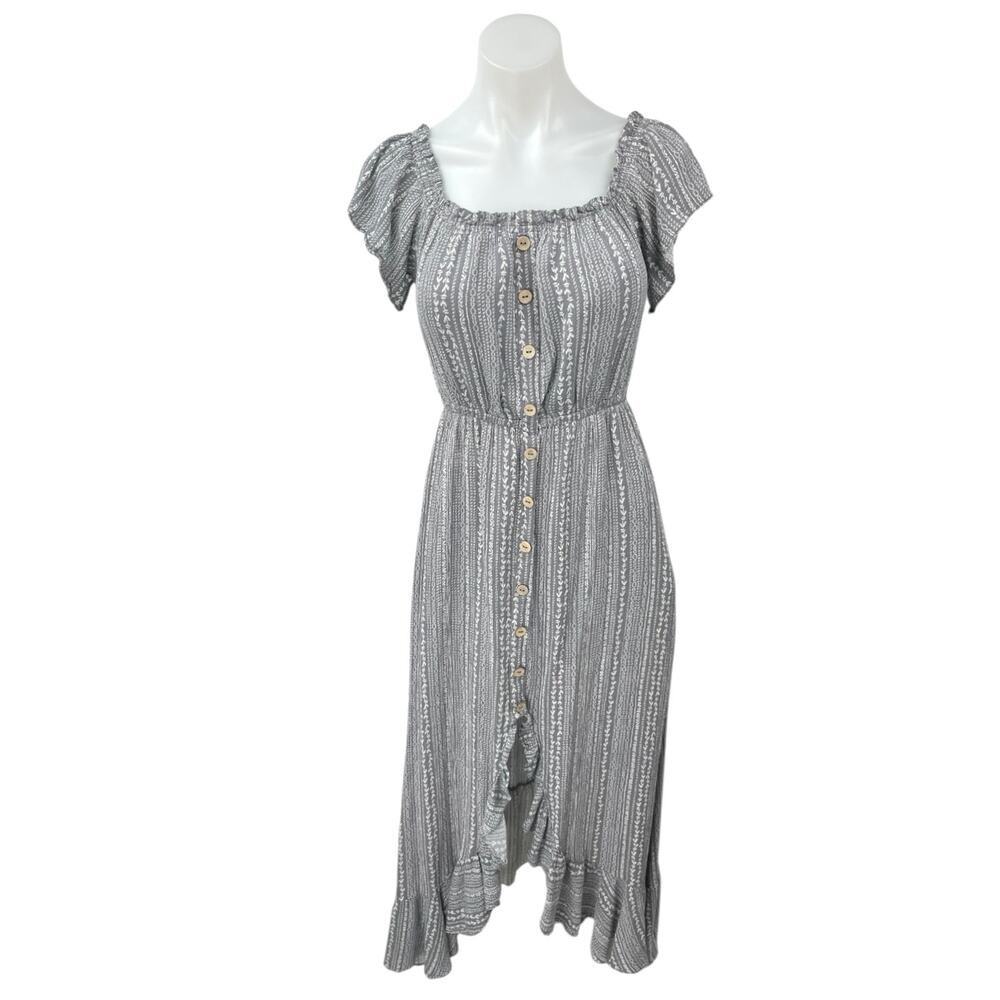 Vici Gray Floral Flutter Sleeve Floral Button Up High Low Midi Dress Size XS